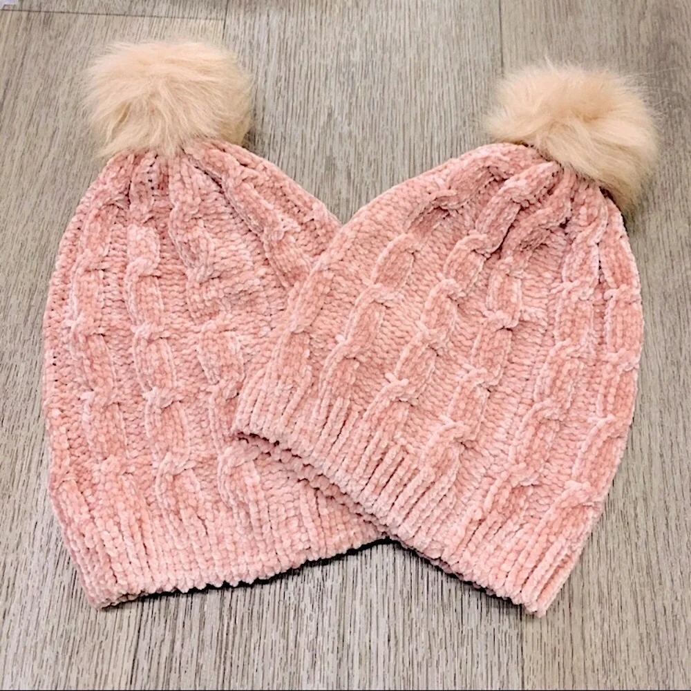 Chenille Blush Pink Color Cable Knit Cozy Winter Hat with Pom Pom One Size